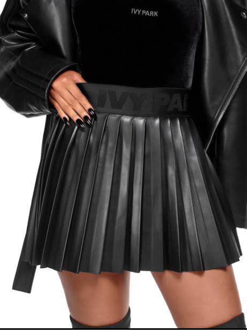 IVY PARK Black Pleated Faux Leather Mini Skirt with Branded Waistband
